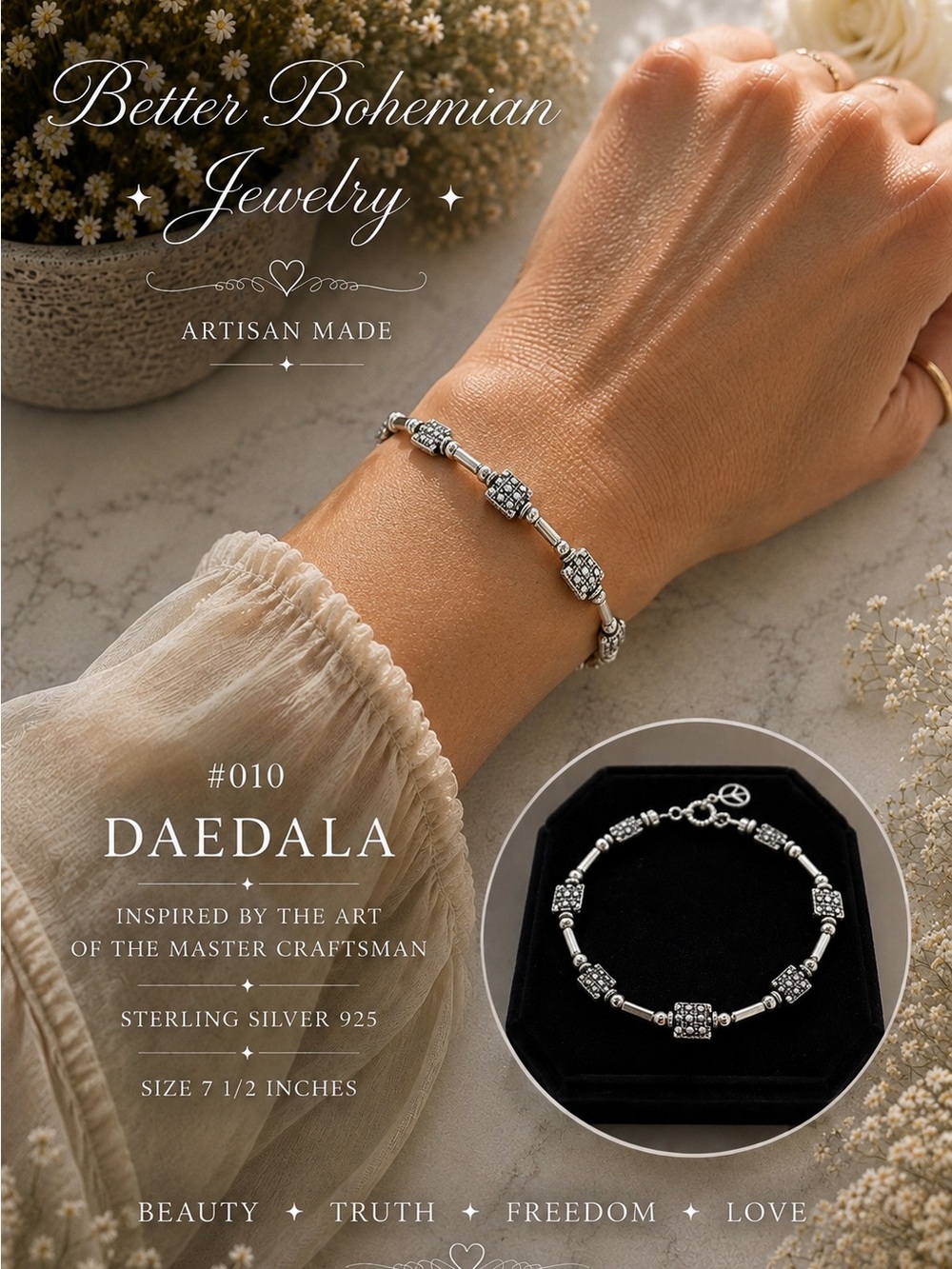 DAEDALA #010 Sterling Silver 925 Bracelet 7.5” Artisan Made